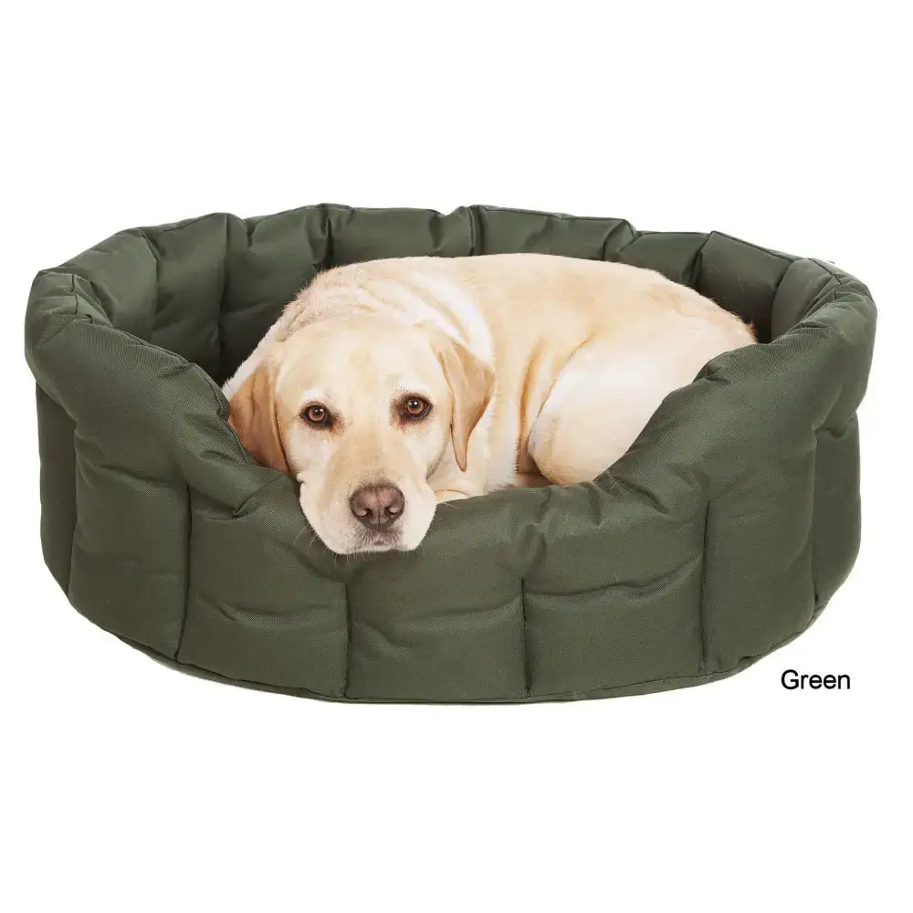 Olive green quilted country dog tough heavy duty oval dog bed with plush cushioned waterproof interior