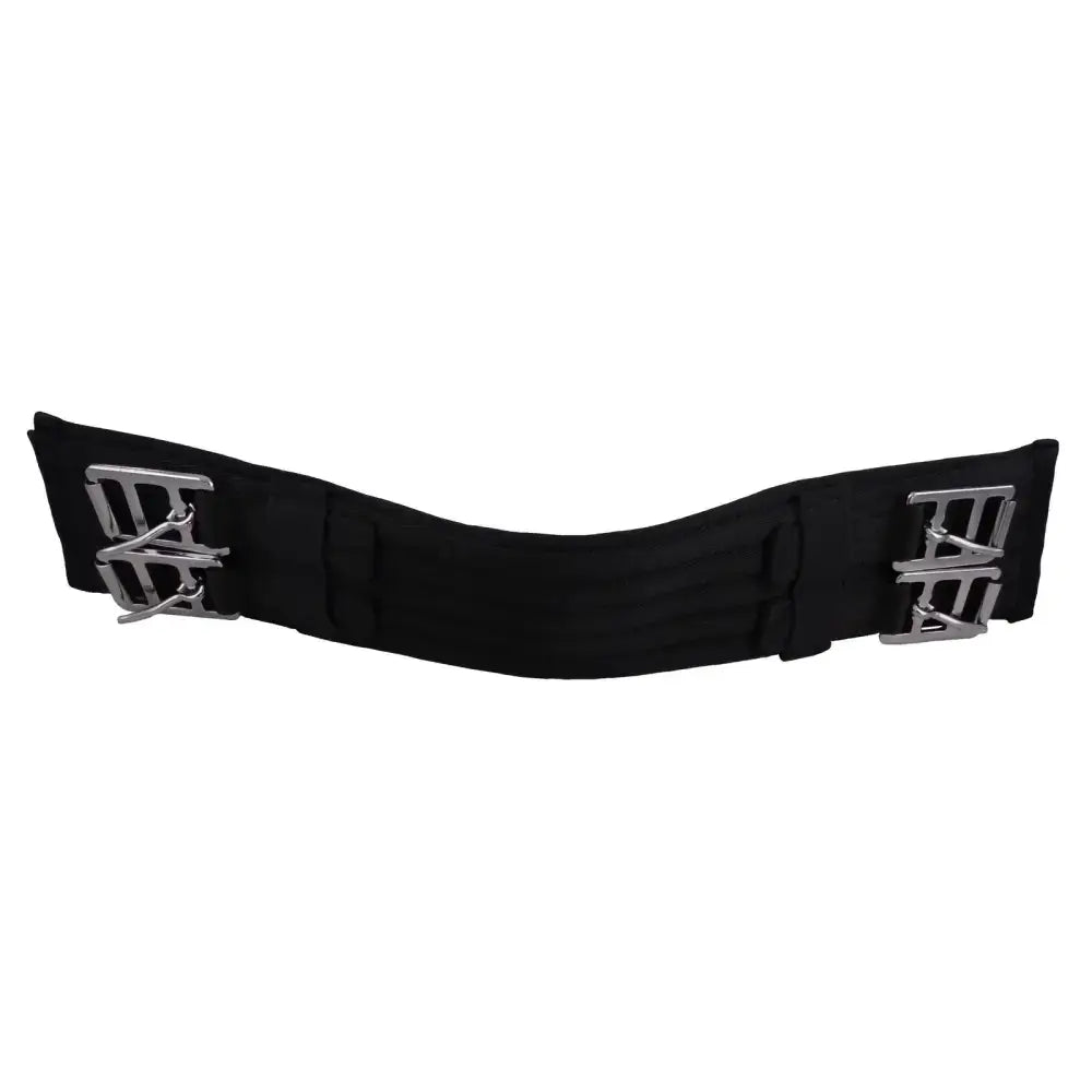 Black elastic padded dressage girth with silver geometric metal buckles for comfortable dressage riding