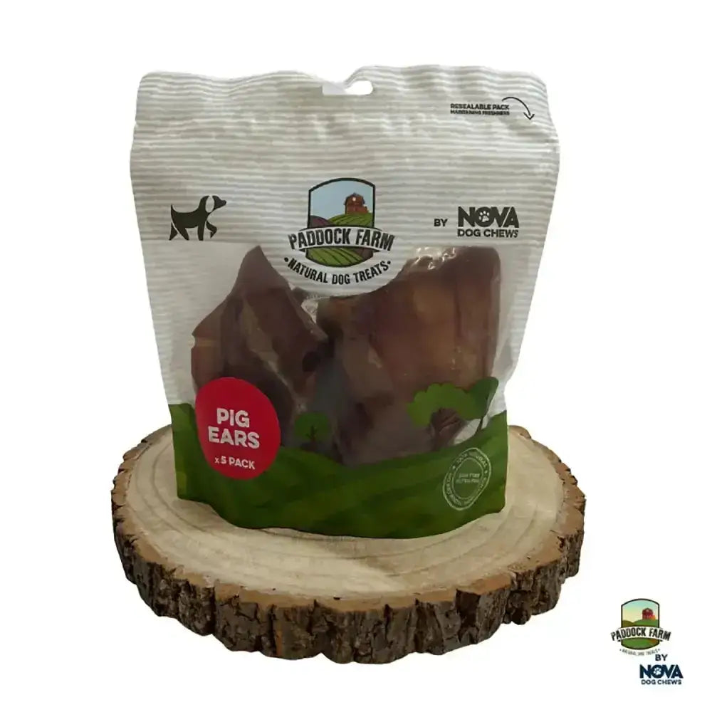 Paddock farm pig ears in a resealable package by nova dog chews perfect for natural dog treats