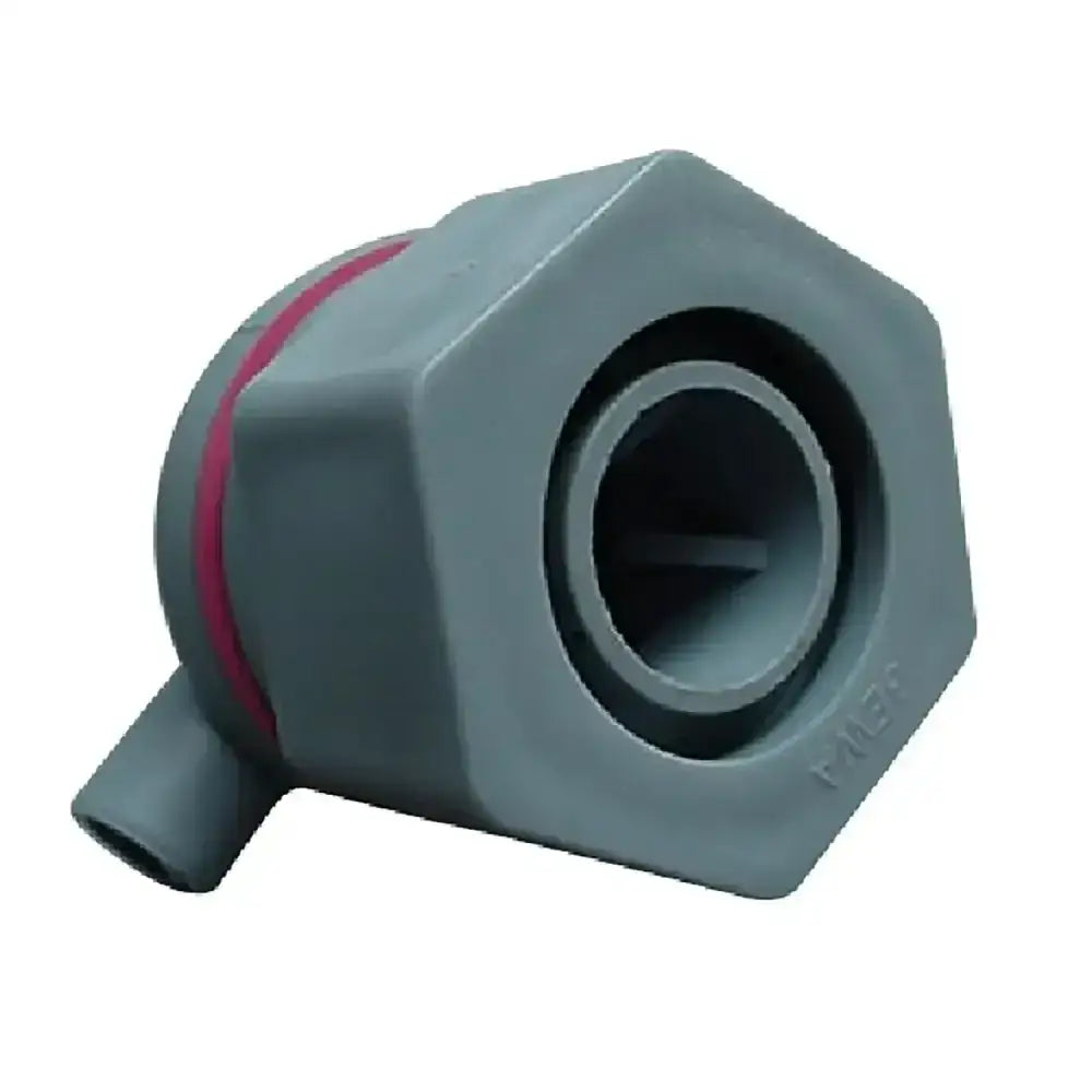 Gray hexagonal plastic rubber bucket fitment with red stripe and side port for paragon rubber feeding bucket