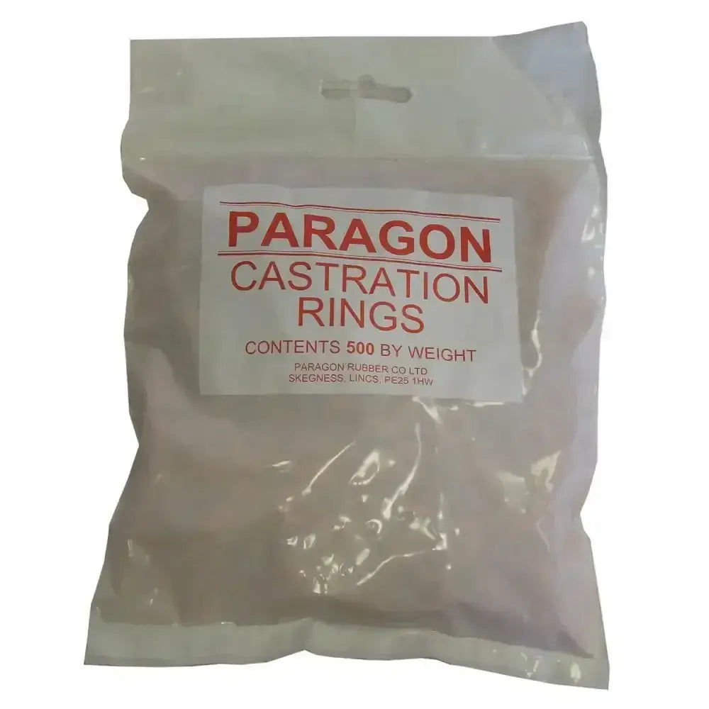 A clear plastic bag with 500g beige paragon rubber castration rings used with castrating band applicator
