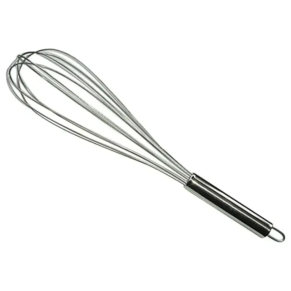 Stainless steel paragon rubber wire whisk with sleek polished handle and looped end for easy mixing tasks