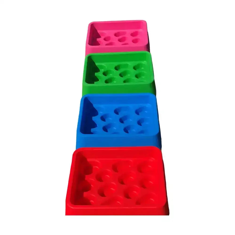 Set of four colorful silicone soap dishes in pink green blue and red with textured surface for parallax grad-dual feeder slow feeding trough
