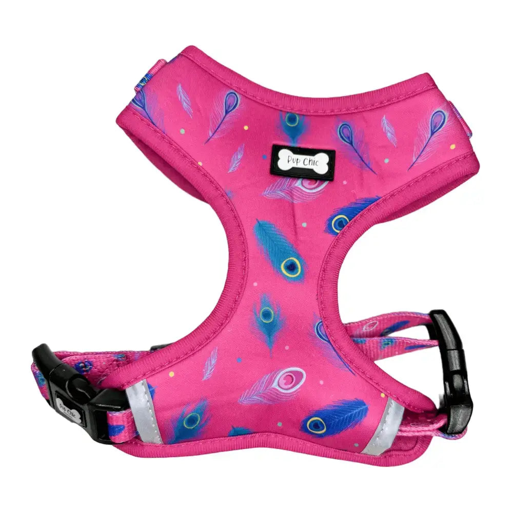 Peacock power adjustable pink dog harness with hot pink peacock feather pattern and reflective strips for safety