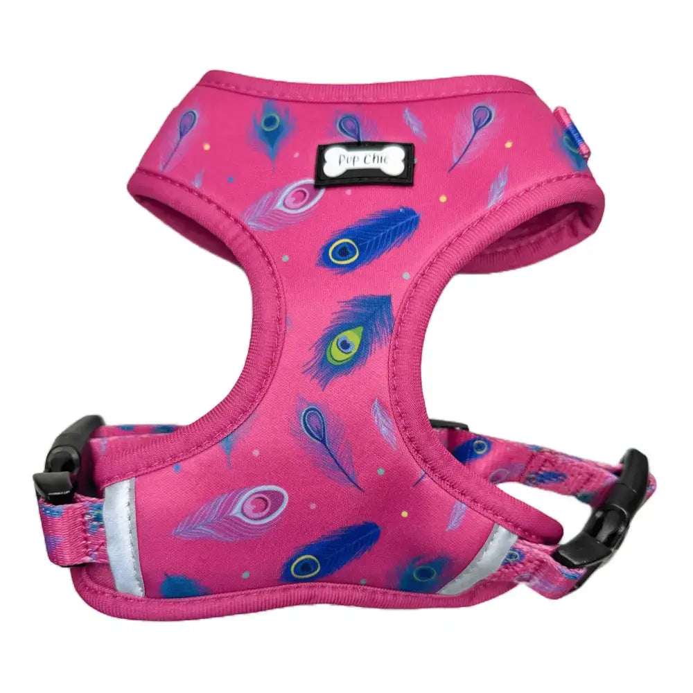 Hot pink dog harness with peacock power adjustable straps black buckles and reflective strips for safety