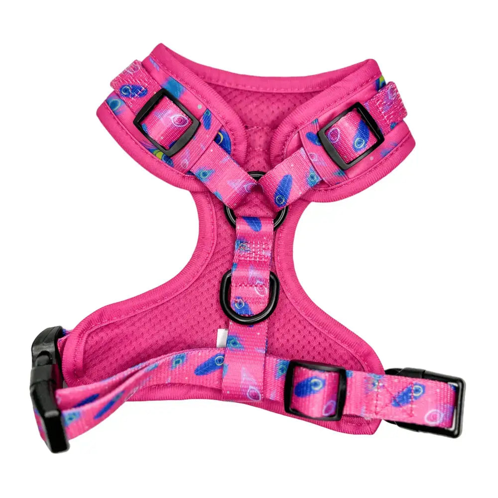Hot pink dog harness with blue peacock feather pattern and black plastic buckles peacock power adjustable design