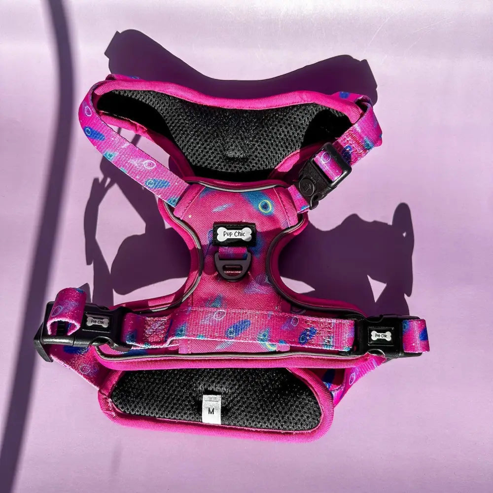 Pink peacock power no pull tactical dog harness with peacock feather print black mesh padding pup chic style