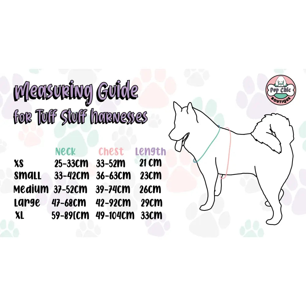 Measuring guide for peacock power no pull tactical dog harness by pup chic showing neck chest and length in cm
