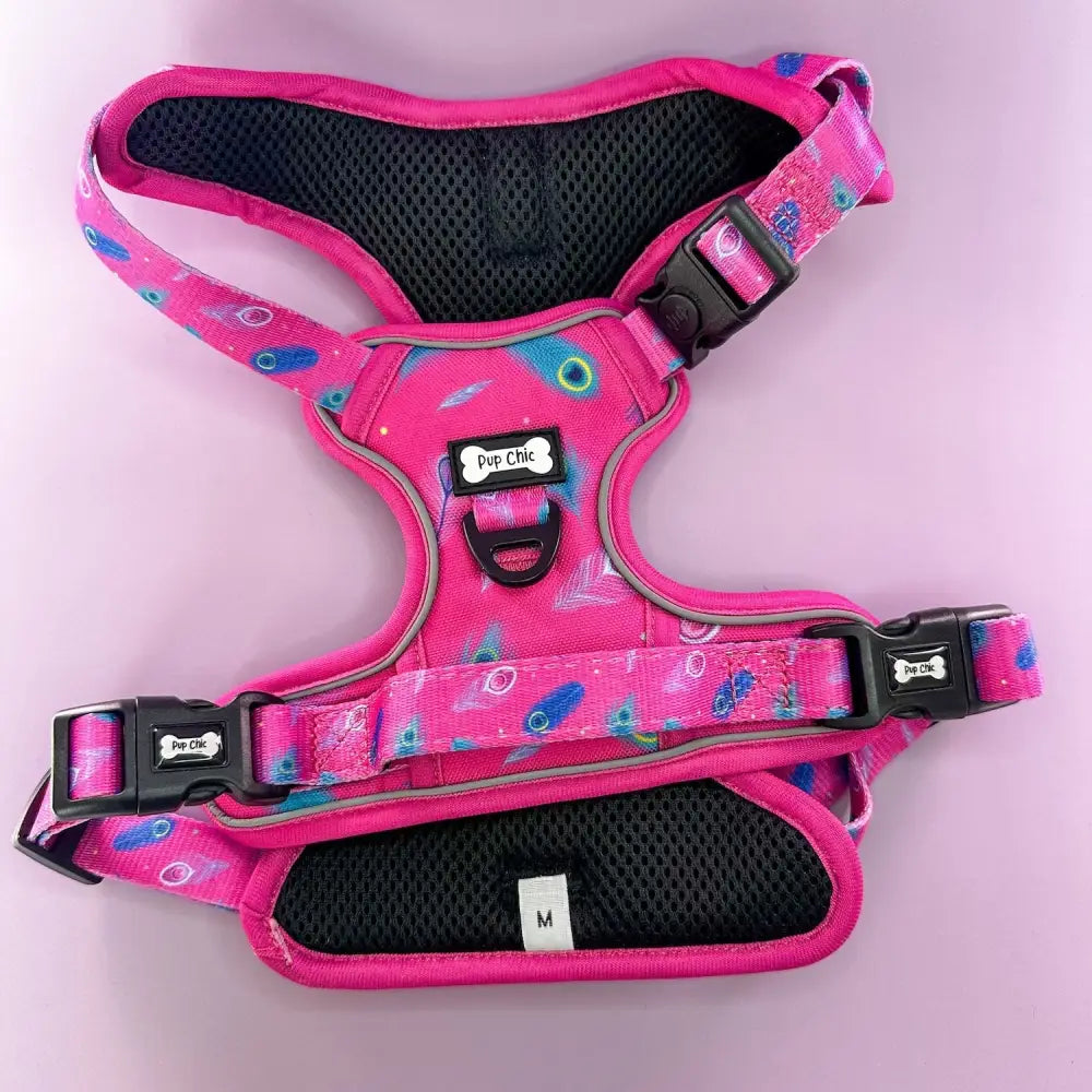 Pink pup chic tactical dog harness with peacock feather print and black mesh padding for no pull control