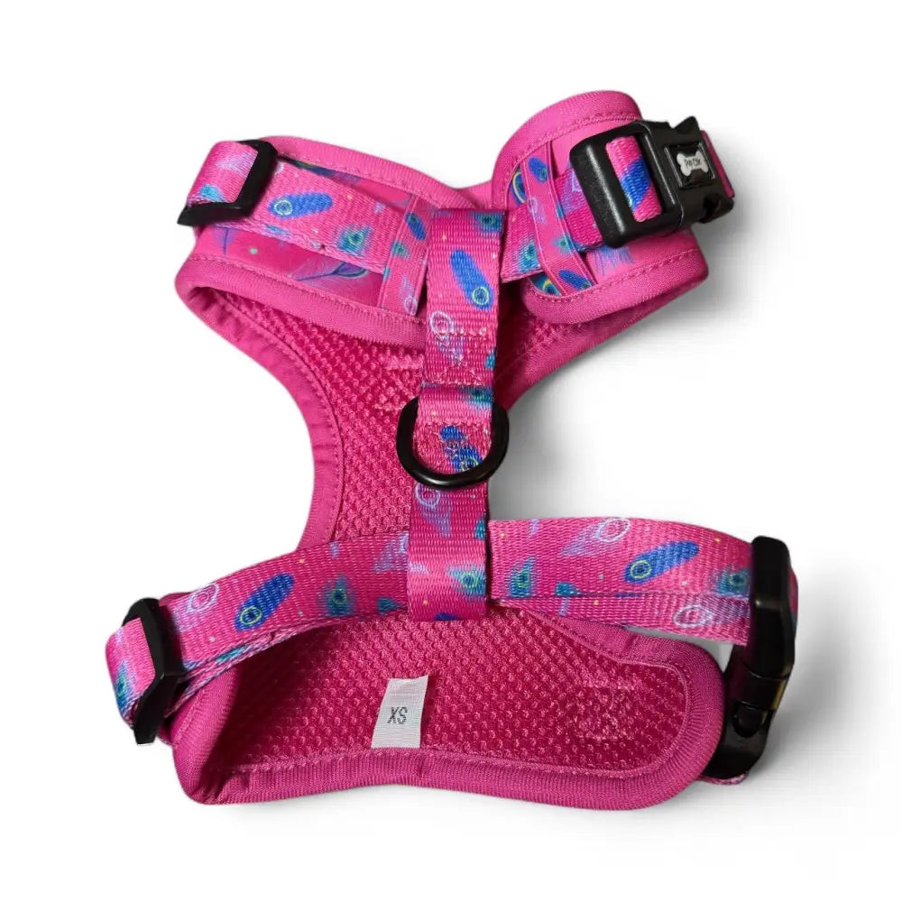 Pink peacock feather adjustable dog harness with mesh interior and black buckles power step-in design for tiny pups