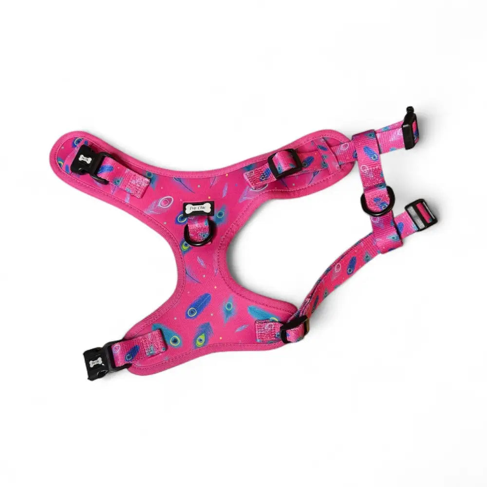 Pink peacock feather adjustable dog harness with power step-in design and black buckles for tiny pups
