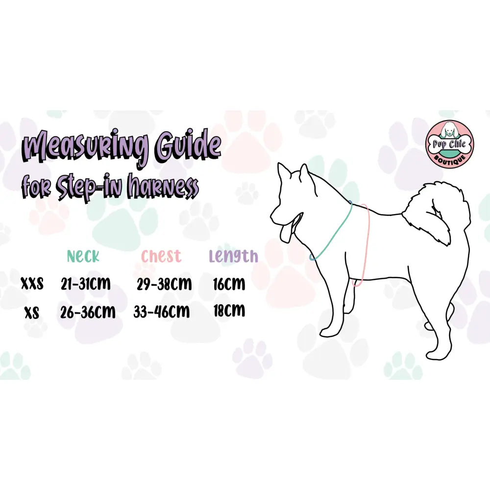 Step-in measuring guide for pink peacock feather adjustable dog harness in xxs and xs sizes perfect for tiny pups
