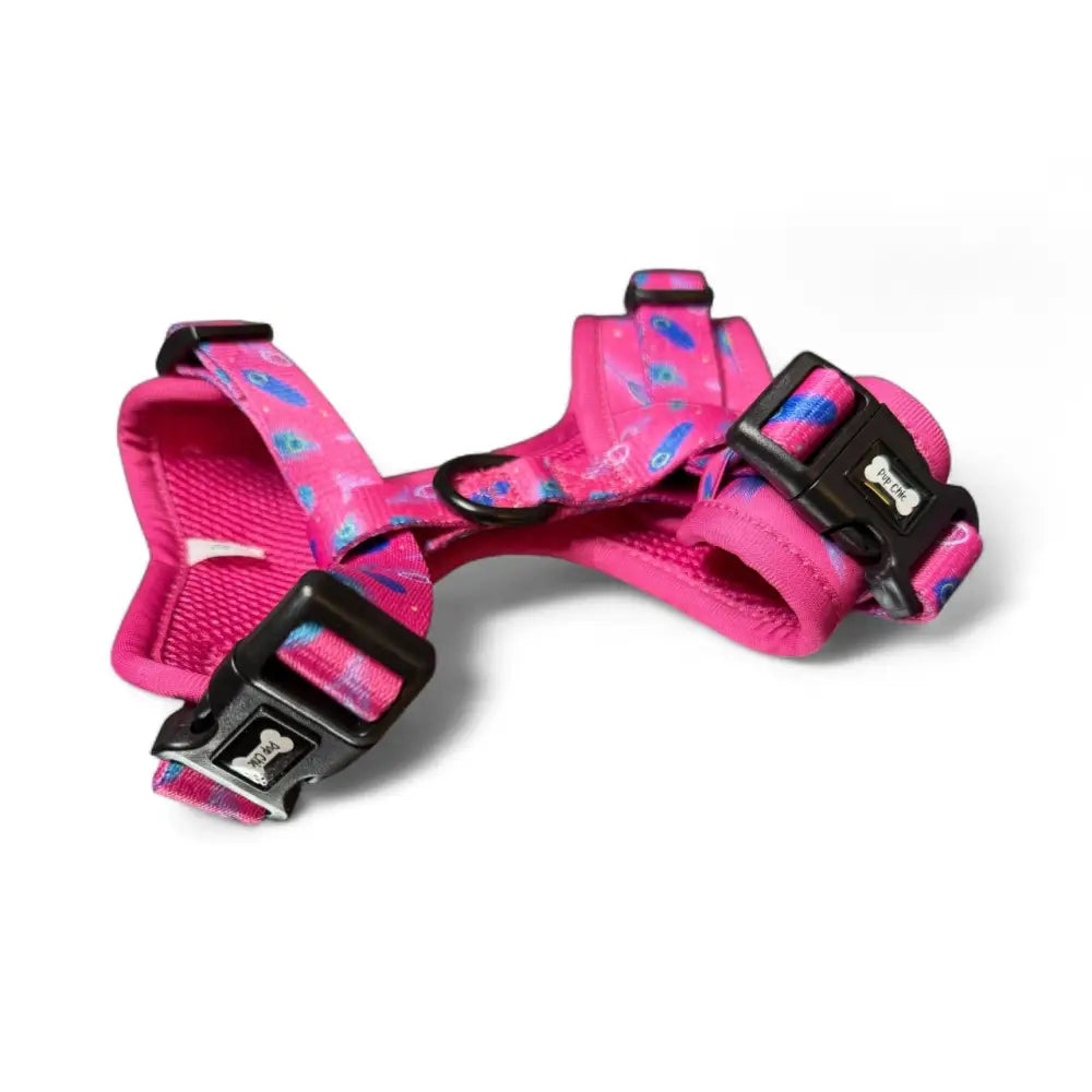 Pink peacock feather power step-in adjustable dog harness with black buckles perfect for tiny pups