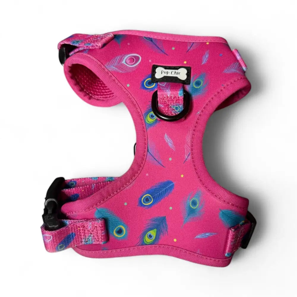 Pink peacock feather adjustable dog harness with black hardware and pup chic tag perfect for tiny pups power step-in style