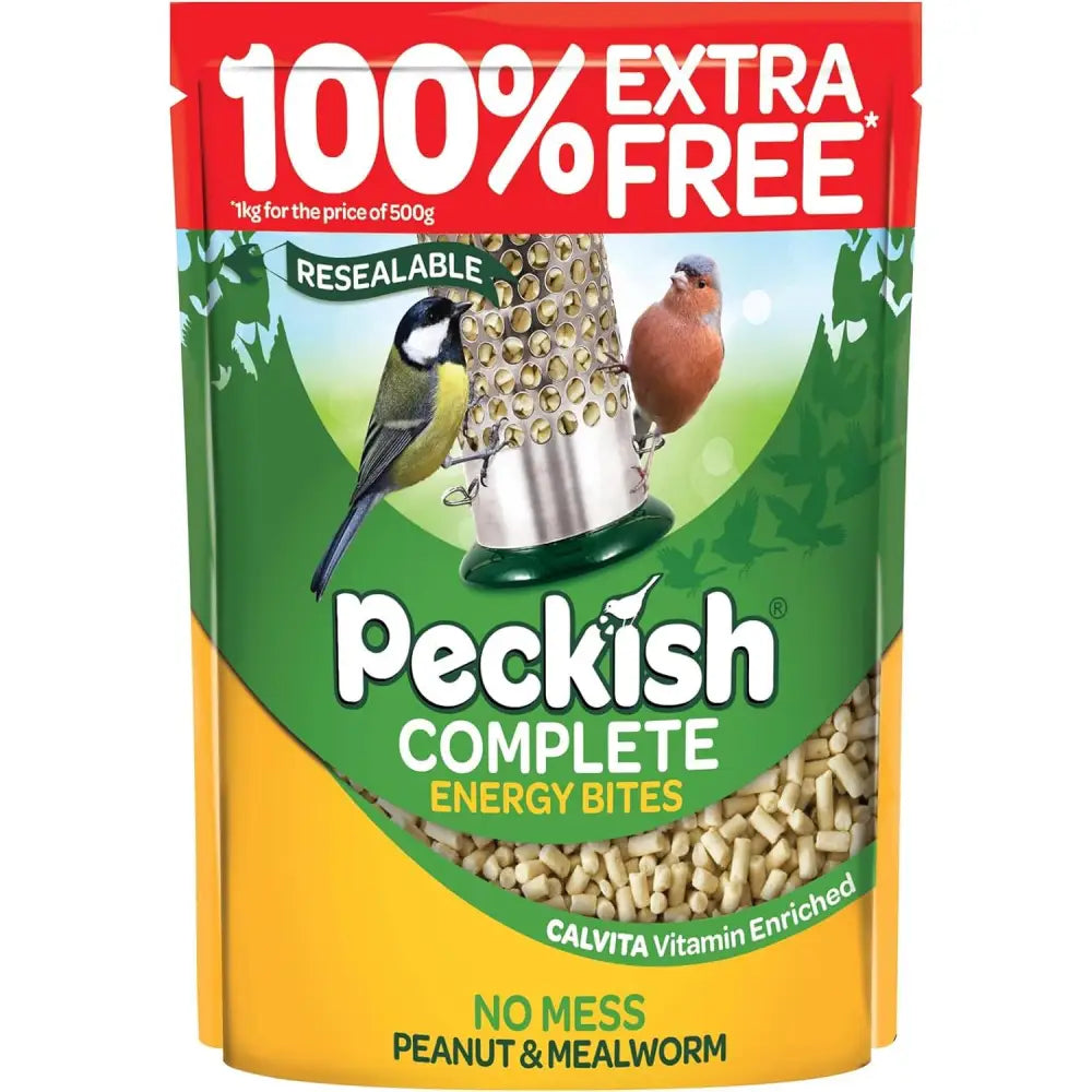 Peckish complete energy bites peanut and mealworm flavor with calvita vitamin mix in resealable pouch for garden birds