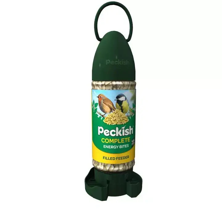 Green peckish complete energy bites ready to use feeder with loop handle and base for hanging birds easily access energy bites