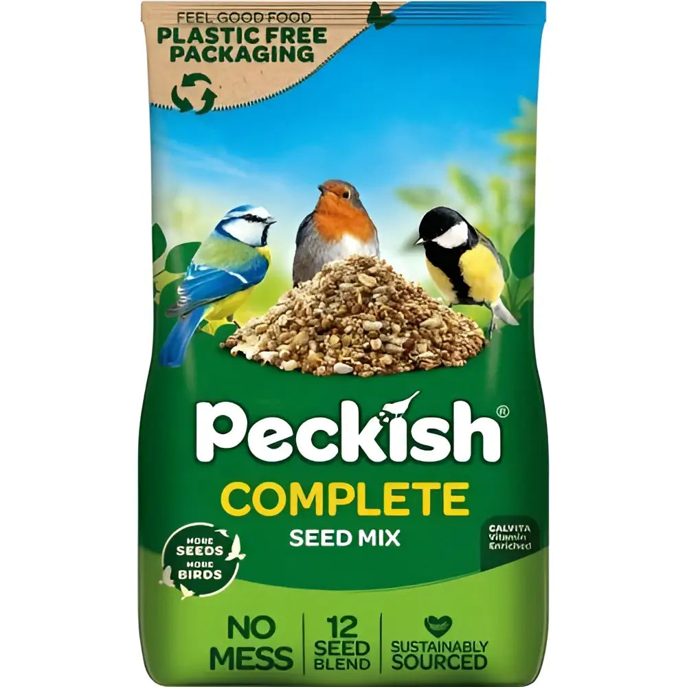 Peckish complete seed mix 1 kg in green and blue plastic-free bag with calvita® vitamin and bird illustrations