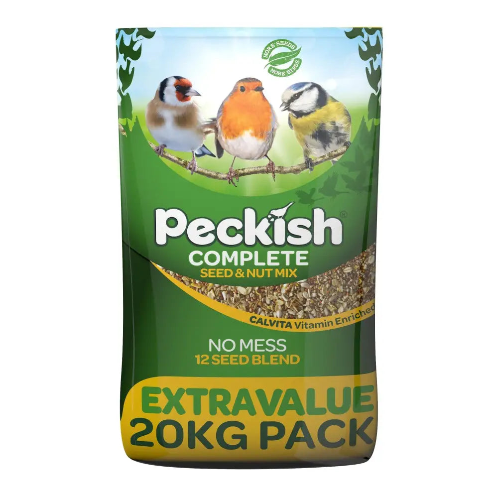 Peckish complete seed mix 20 kg extravalue pack with unique blend of naked oats and nuts in green and yellow bag