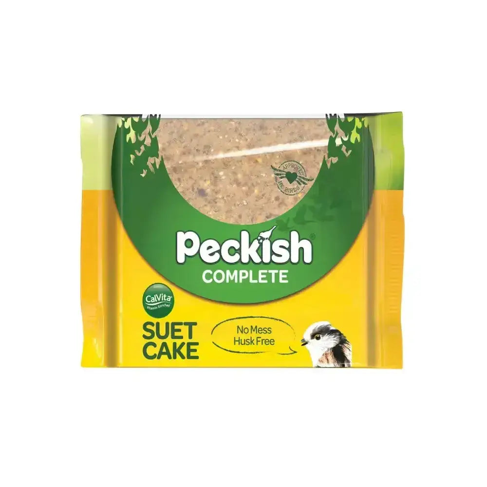 Peckish complete suet cake in yellow and green packaging with brown crumbly suet inside for bird feeding