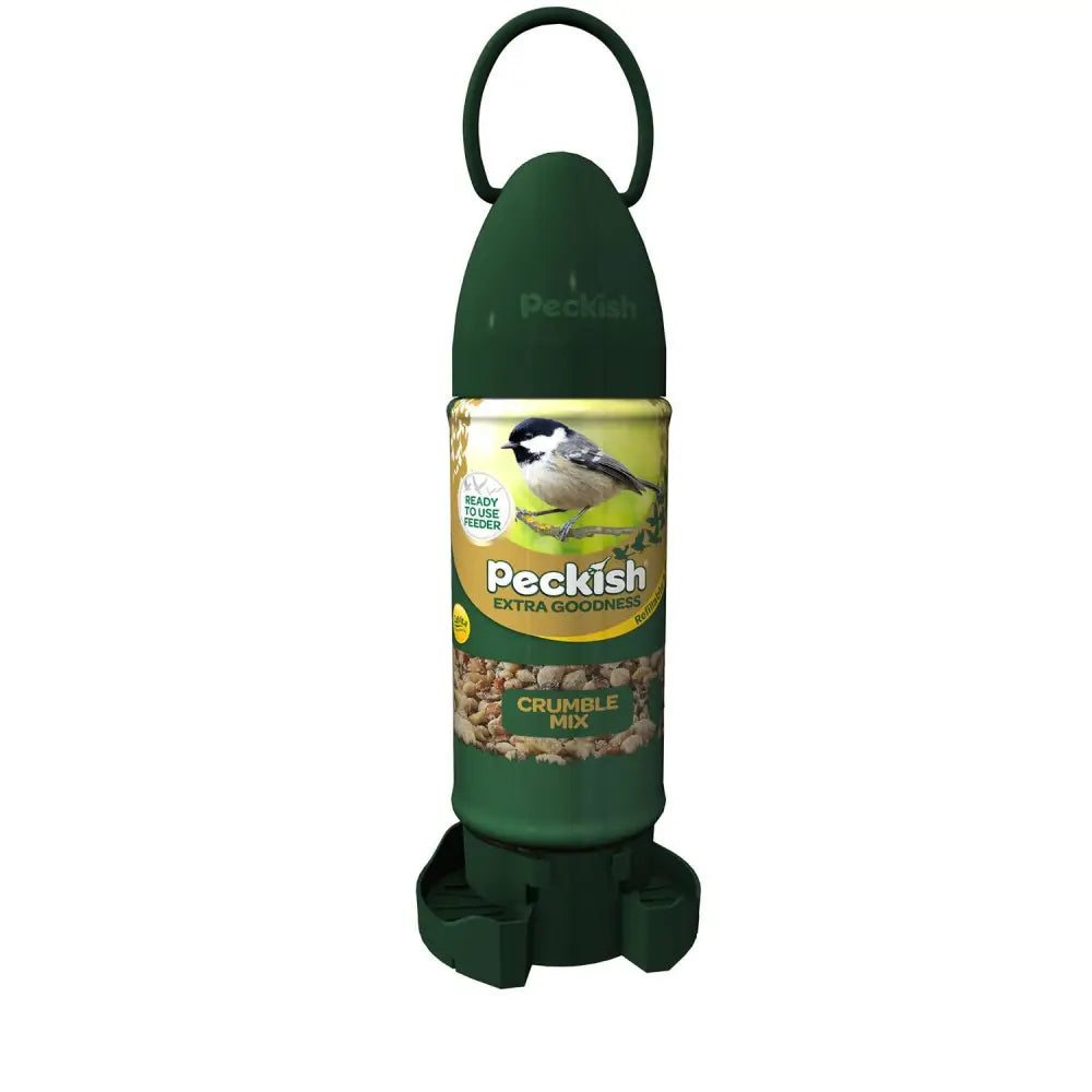 Dark green plastic peckish extra goodness bird feeder with handle and base containing goodness crumble mix ready to use