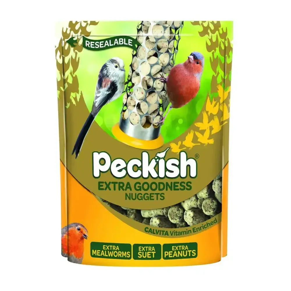 Peckish extra goodness nuggets bird seed in resealable green and orange pouch with bird images for feeding birds