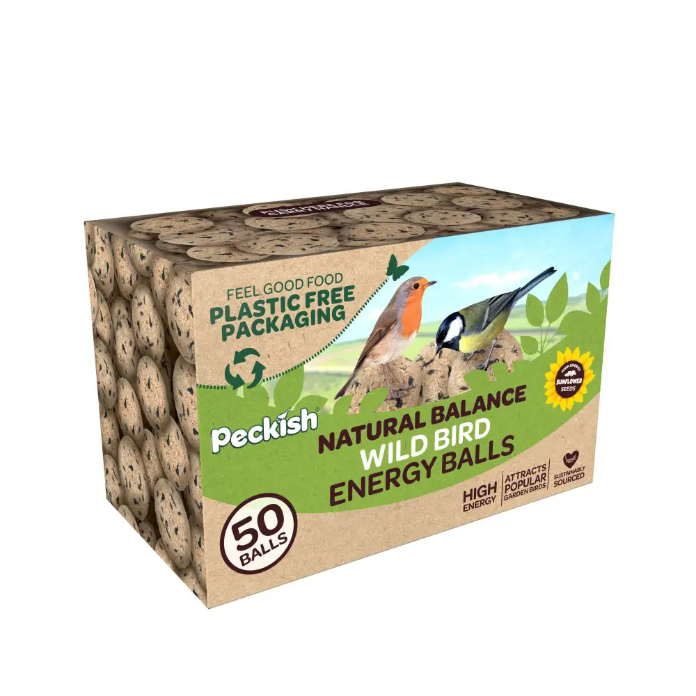Peckish natural balance energy balls refill box in plastic free cardboard with bird illustrations and green branding