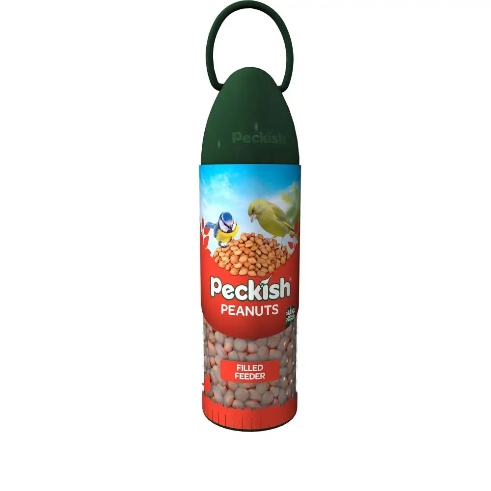 Green and red peckish peanut ready feeder filled with peanuts and carrying loop for easy hanging