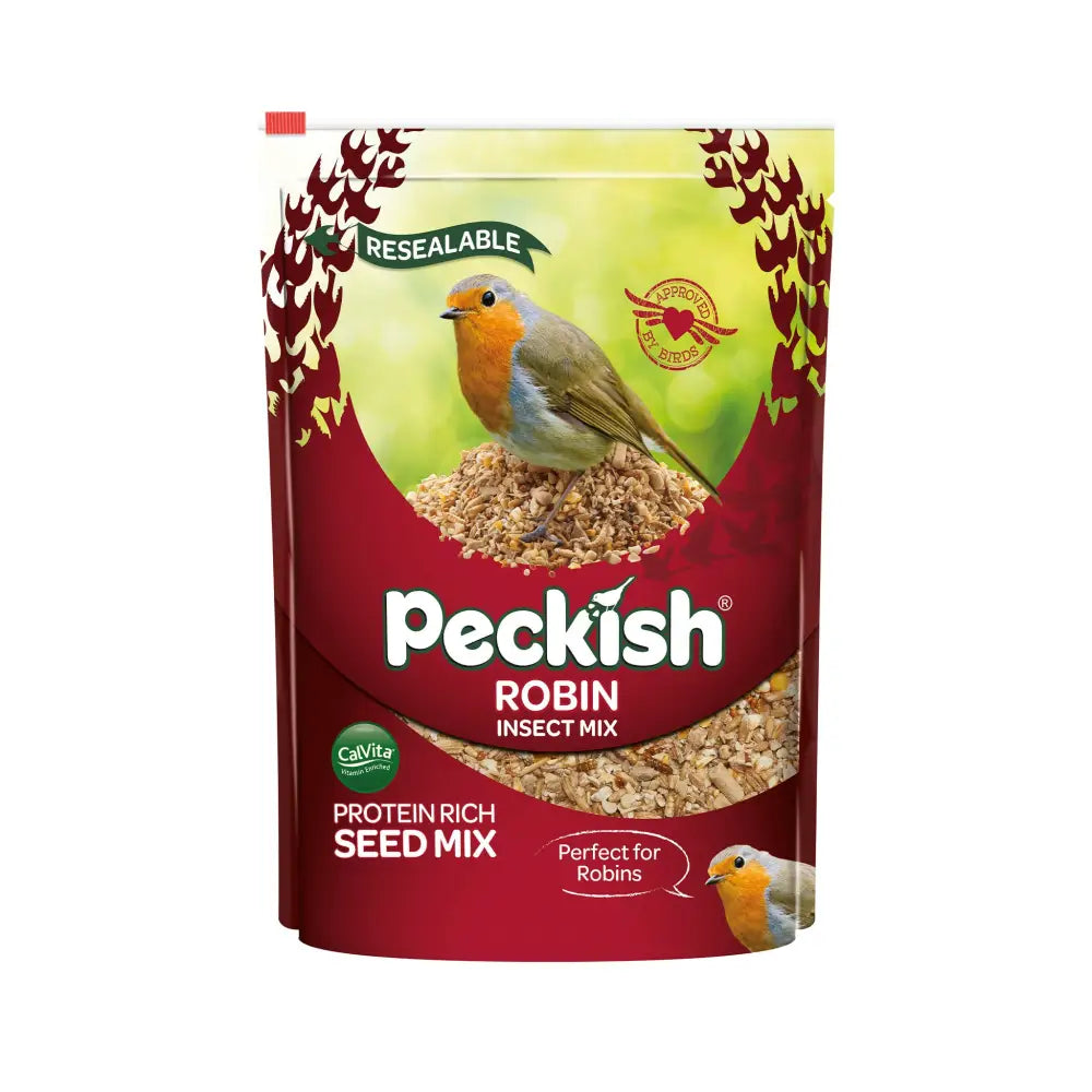 Peckish robin insect mix 2 kg in resealable red and green pouch with kibbled peanuts and a robin on seeds image