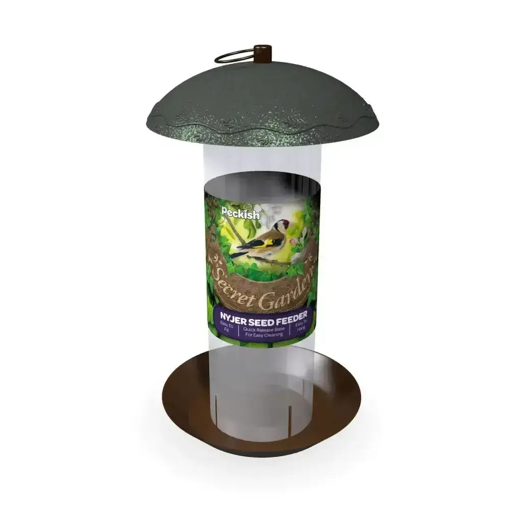 Peckish secret garden nyjer seed feeder with dark green scalloped dome and clear body for garden nyjer seed feeding