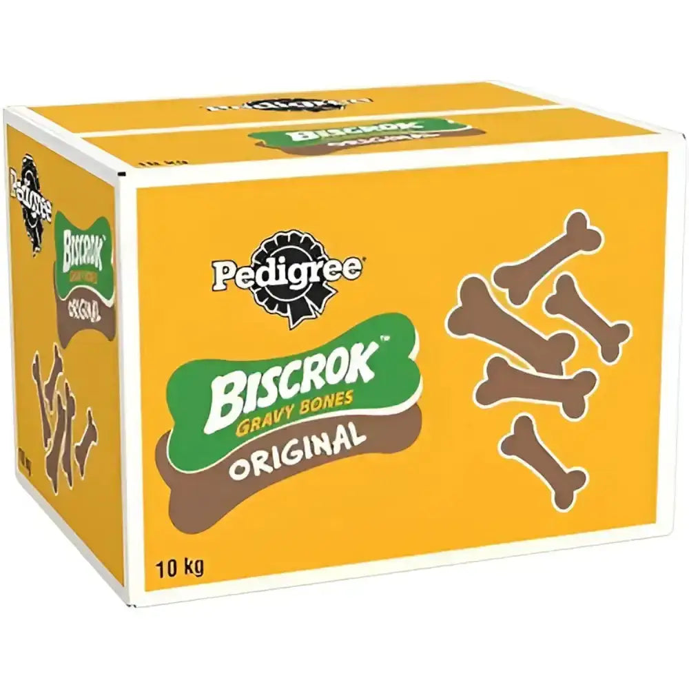 Yellow cardboard box of pedigree dog treats pedigree biscrok gravy bones original with green brown bone logo and cartoon bones