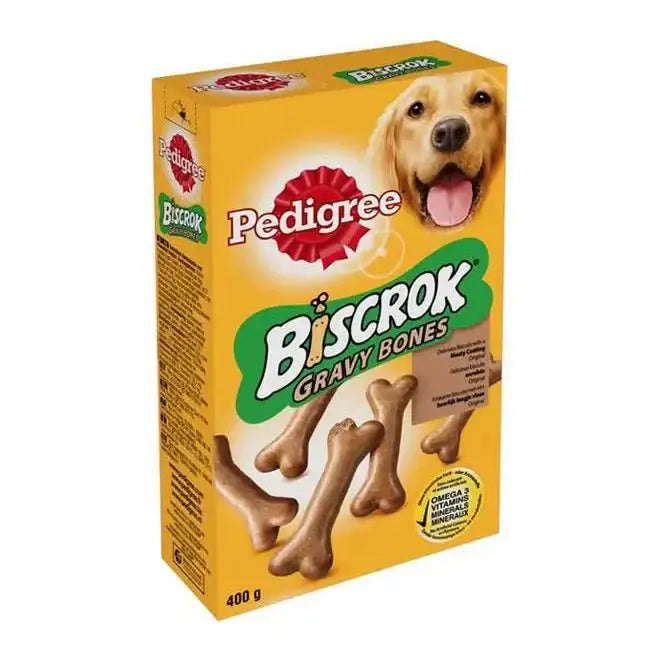 A yellow box of pedigree® biscrok® gravy bones original dog treats with brown bone snacks and a golden retriever image