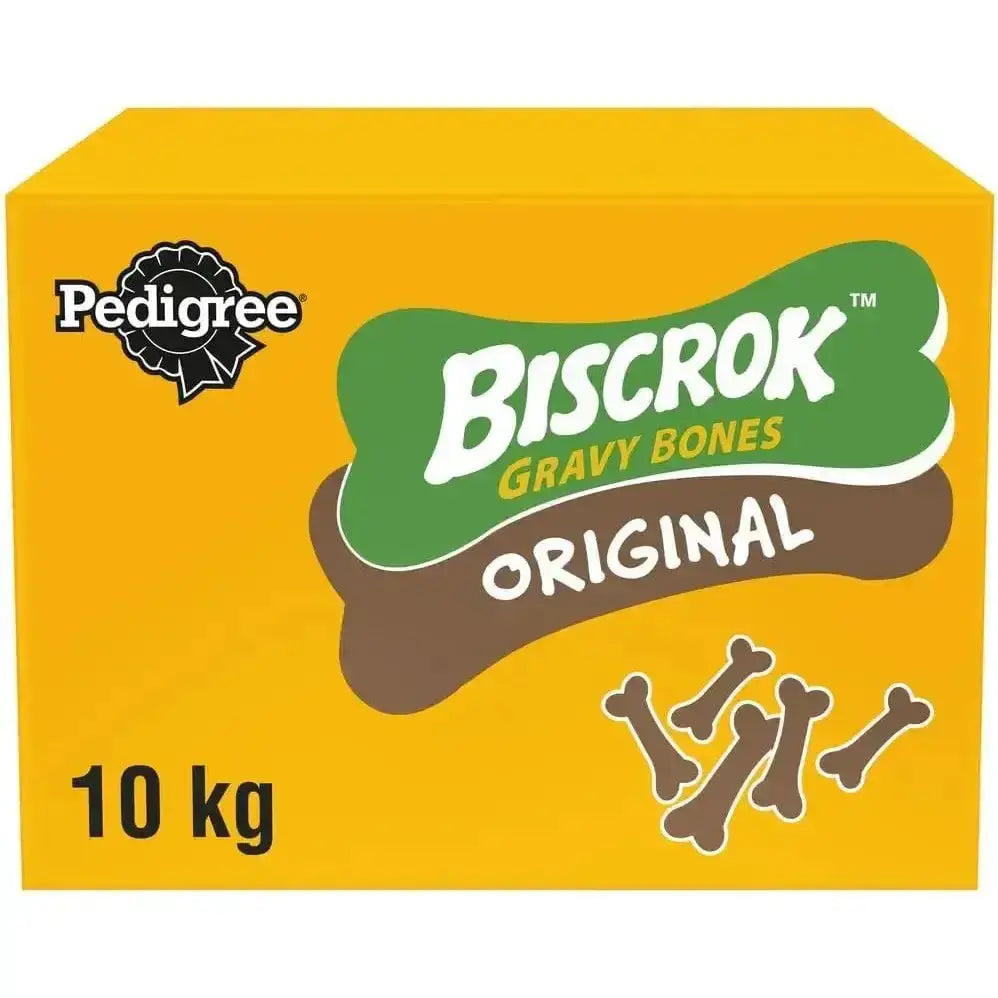 A 10 kg yellow box of pedigree® biscrok® gravy bones original dog treats for tasty training rewards