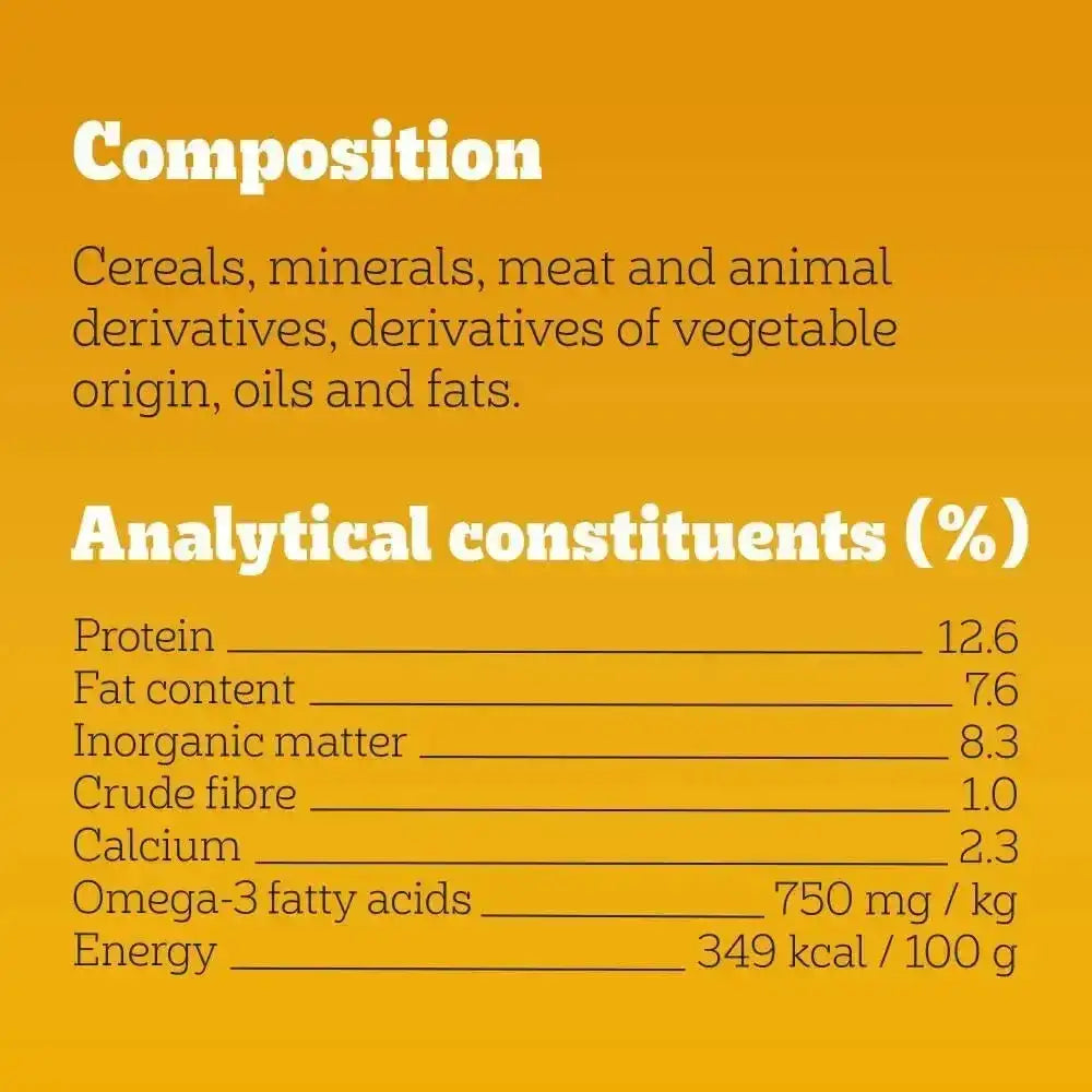 Orange nutritional label on back of pedigree dog treats gravy bones original showing ingredients and facts