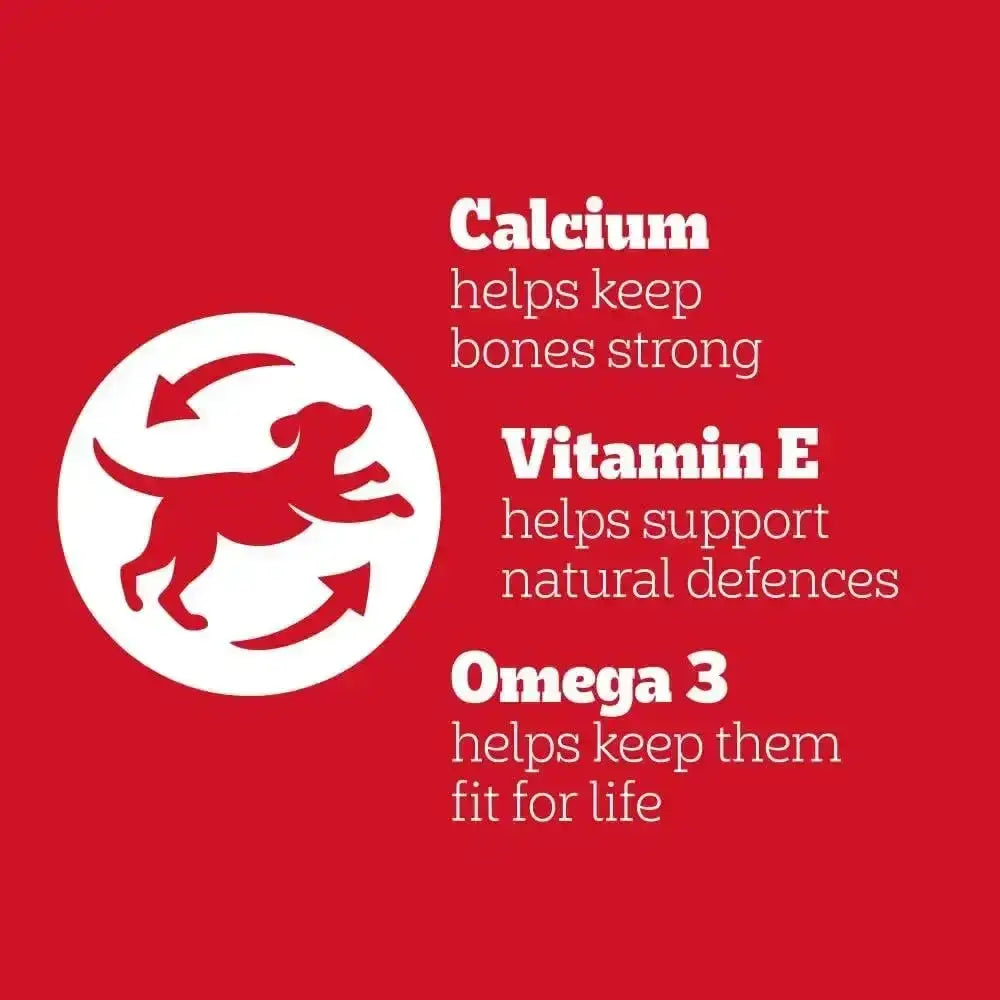 Red and white pedigree dog treats gravy bones original showing stylized dog with calcium vitamin e and omega 3 benefits