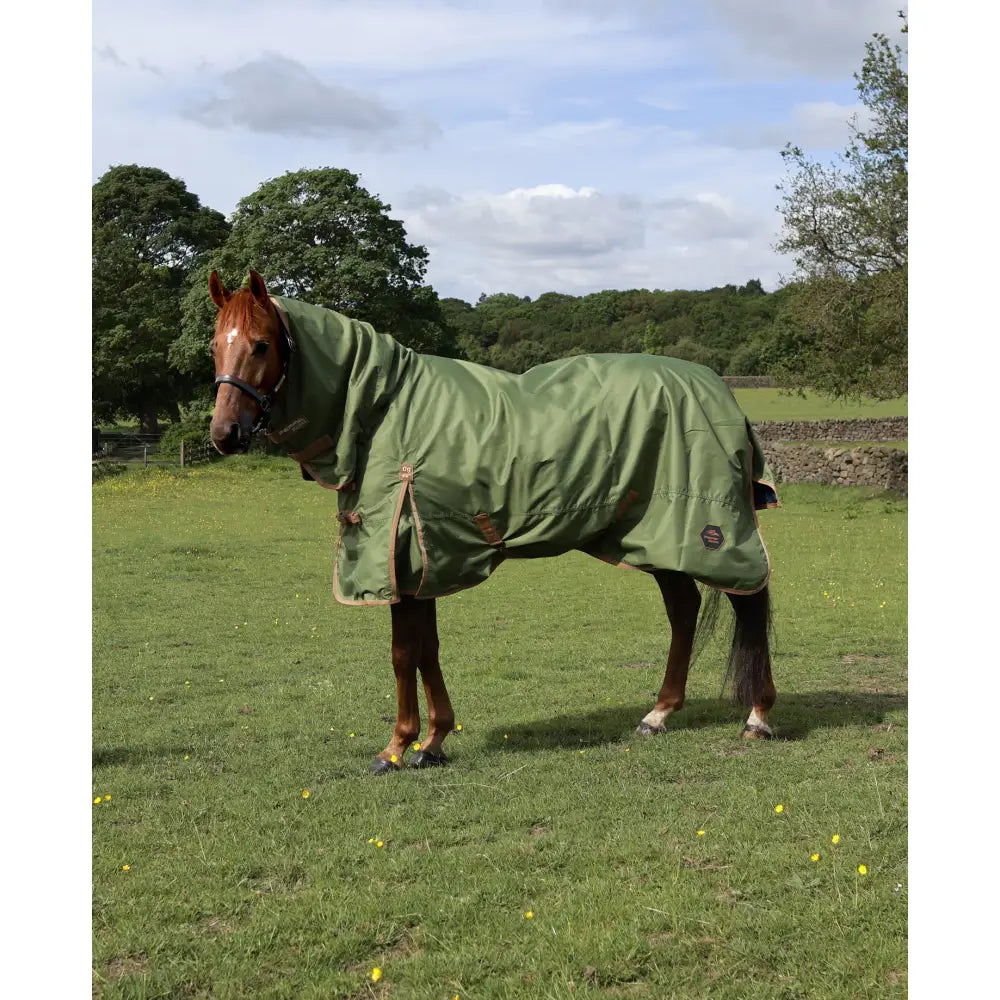 Olive green combo 0g lightweight turnout rug for horses with brown trim and adjustable straps for outdoor use