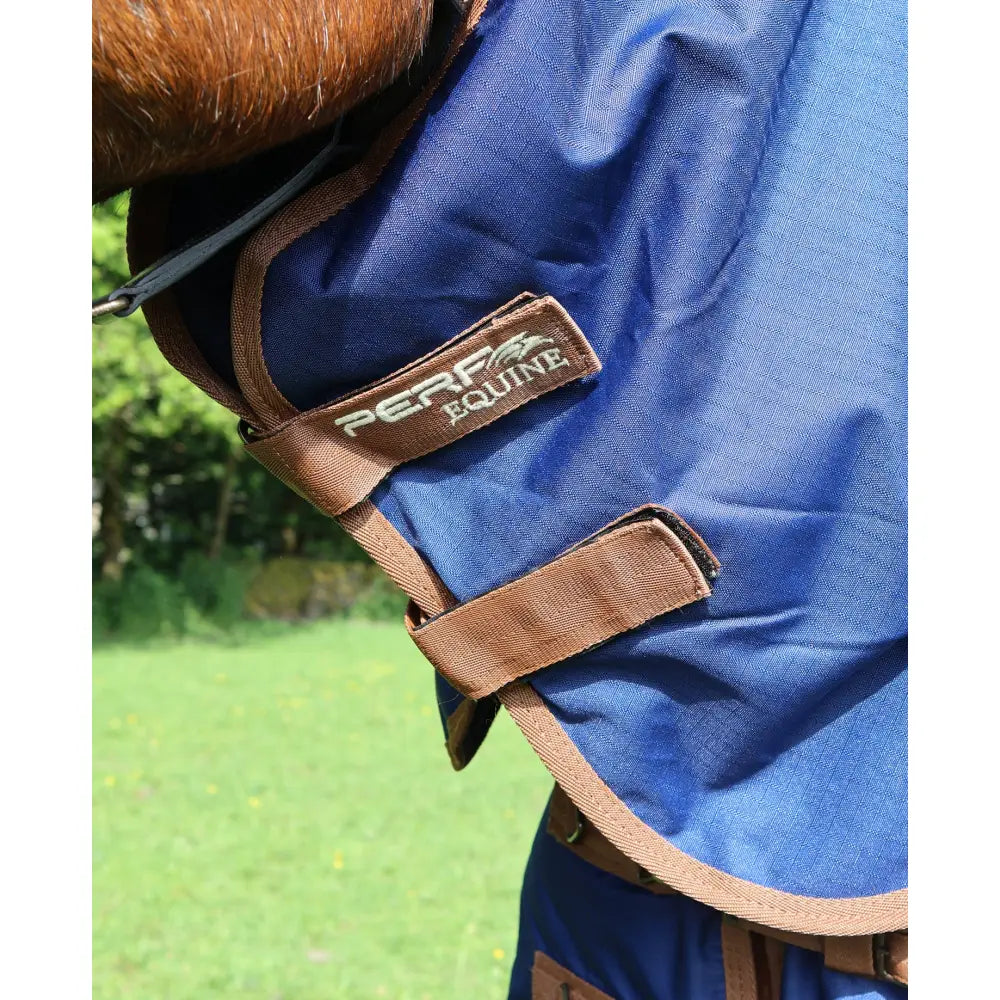 Blue and brown perf combo 100g lightweight turnout rug for horses with adjustable straps for a secure fit