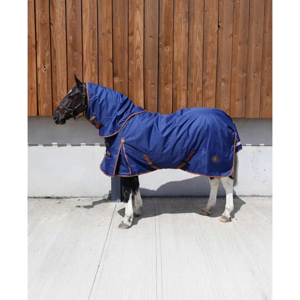 A navy blue perf detachable neck turnout rug with brown trim and adjustable straps for lightweight horse protection