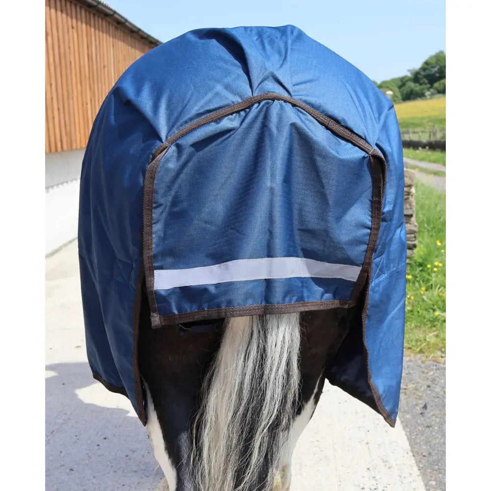 Blue horse hood with reflective stripe and brown trim for perf standard 200g medium weight turnout rug