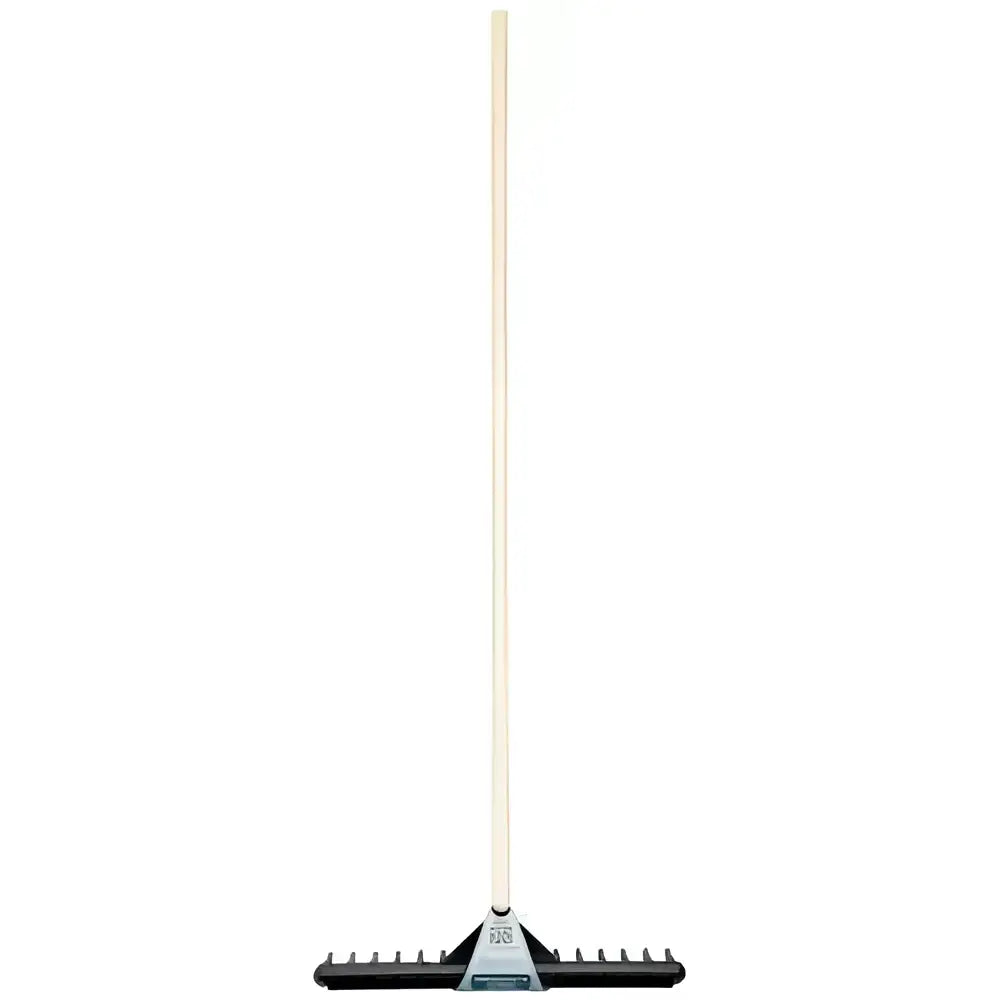 Black rubber-headed garden rake with long white wooden handle in perry eco rake for eco-friendly yard work