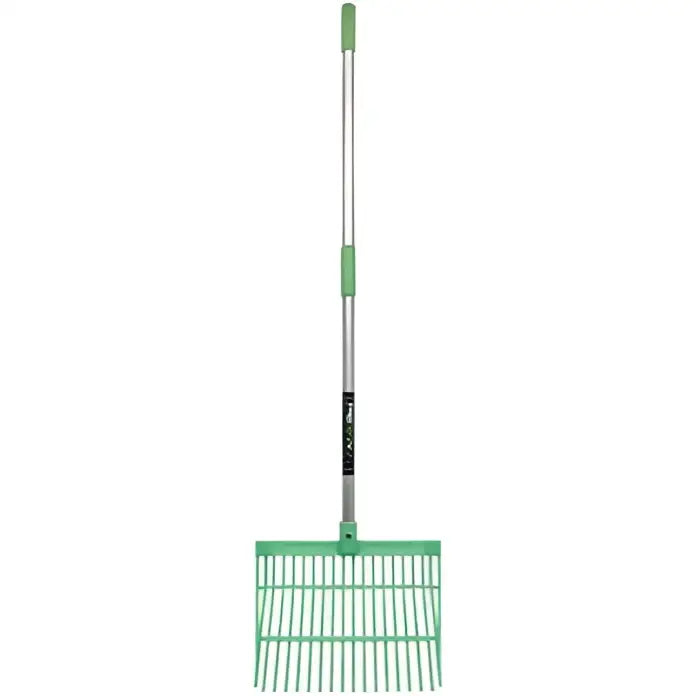 Green plastic perry equestrian bedding shavings fork with silver metal handle and green grip for daily mucking tasks