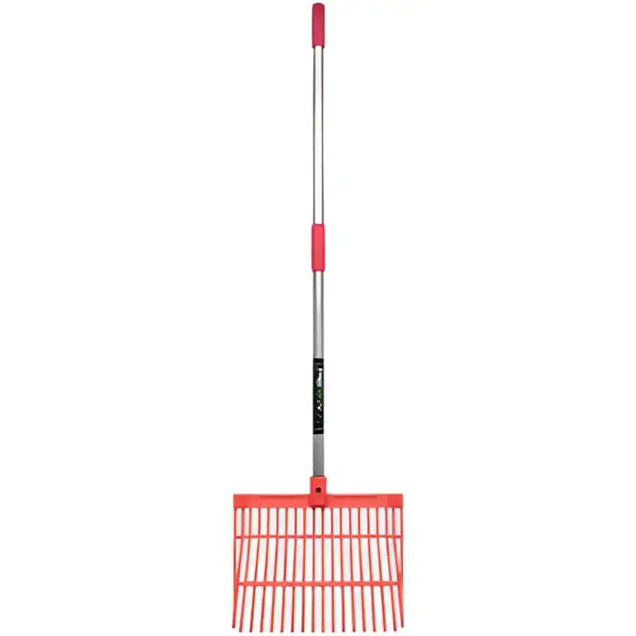 Red plastic perry equestrian bedding shavings fork with silver metal handle and pink grip for daily mucking