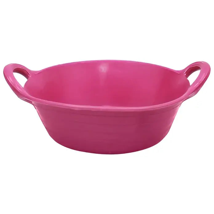 A vibrant pink oval perry equestrian biodegradable eco-skip feeder made of natural virgin rubber with two handles