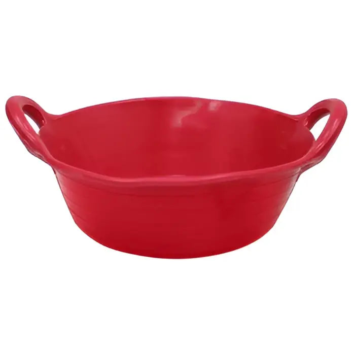 Red ceramic bowl with two handles for perry equestrian biodegradable eco-skip feeders made from natural virgin rubber