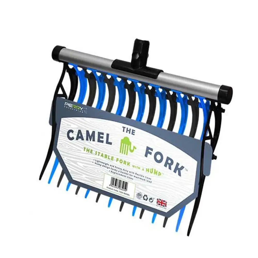 Perry equestrian camel stable fork with hump features blue and black plastic tines on a silver metal stable fork handle