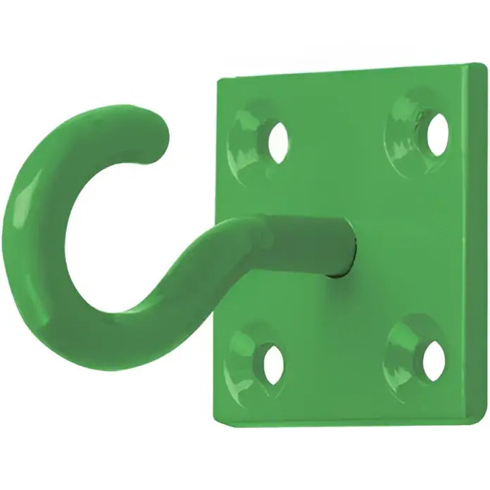 Green painted metal perry equestrian chain hook on plate with four mounting holes 50mm x 50mm