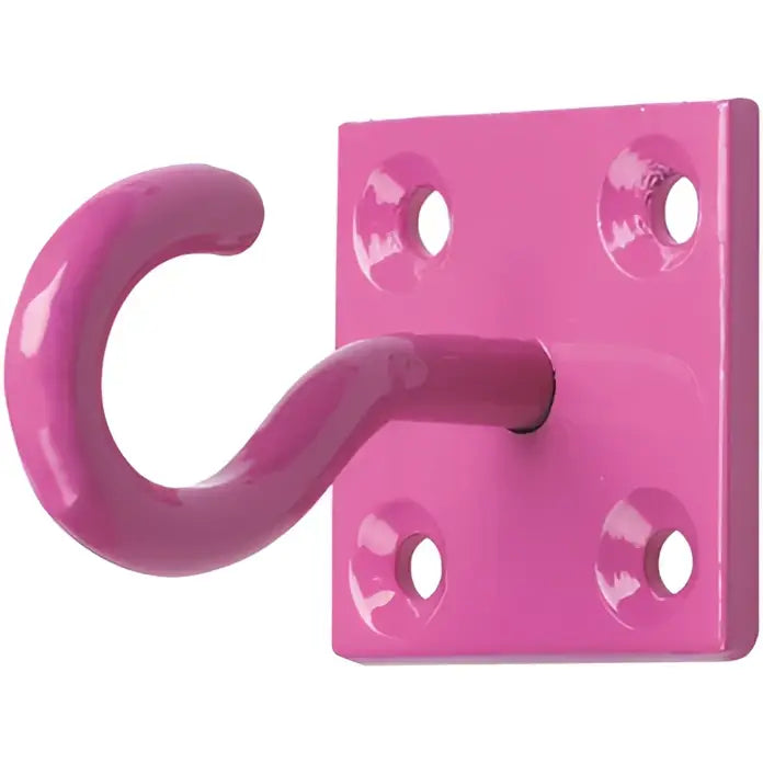 Pink painted metal perry equestrian chain hook on 50mm x 50mm square plate with four mounting holes
