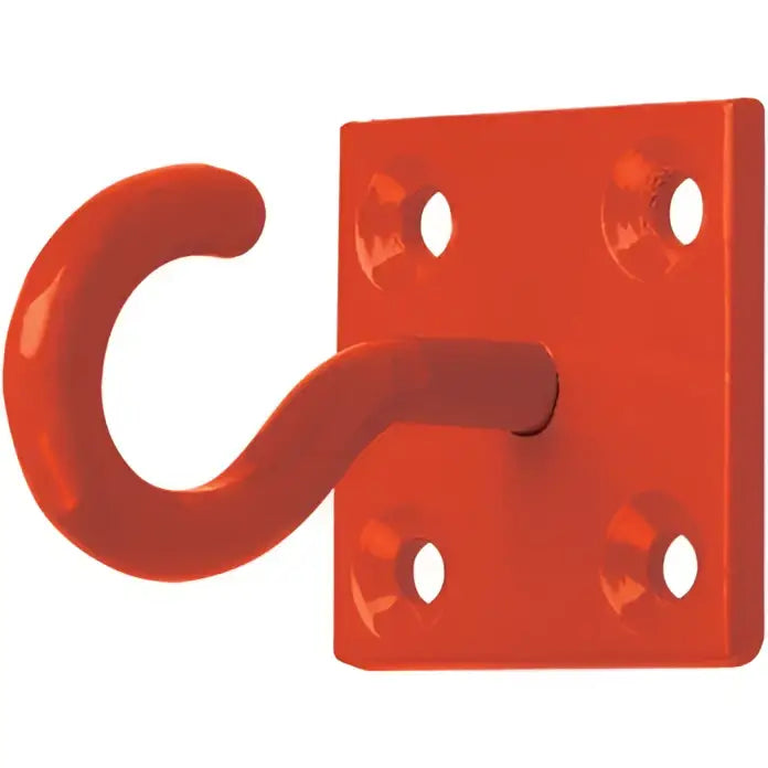 Red painted metal perry equestrian chain hook on a 50mm x 50mm square plate with four mounting holes