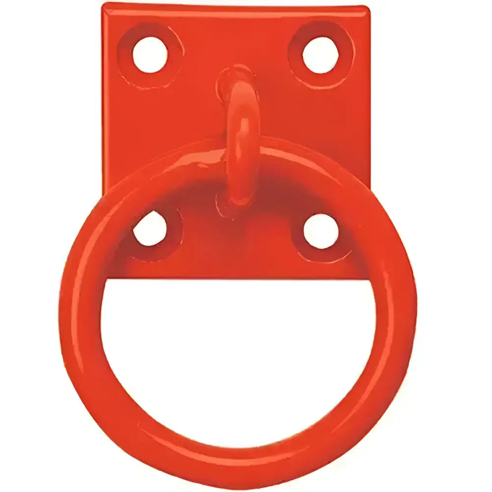 Bright red metal door pull with square plate and four holes for mounting on perry equestrian chain ring plate