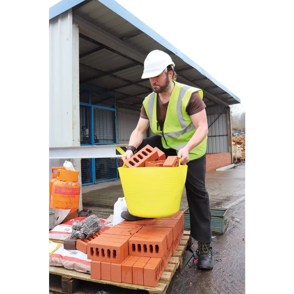 Yellow perry equestrian flexible tubs trugs 28 litre plastic bucket filled with red bricks for versatile use