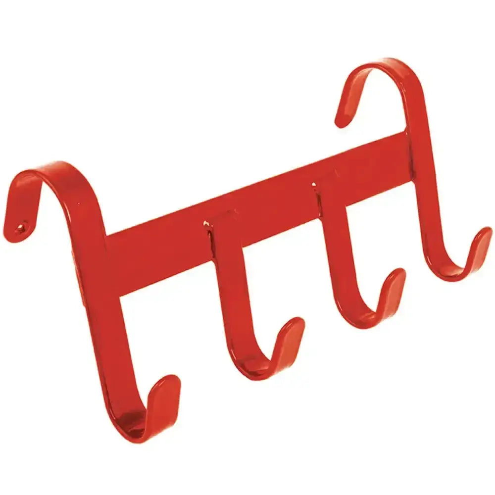 Red metal over-the-door perry equestrian handy hanger with four curved hooks for heavy duty use